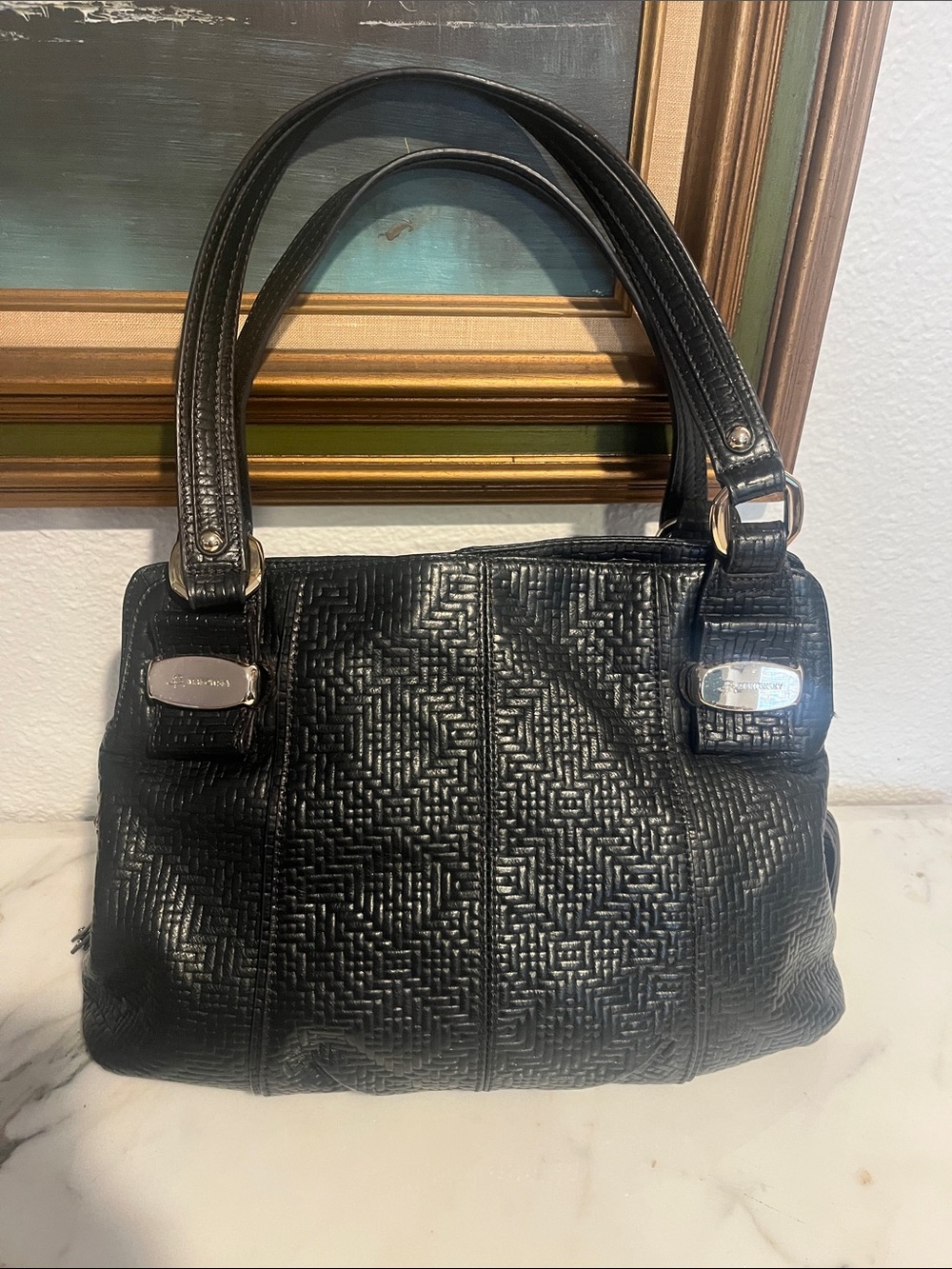 Black Textured Shoulder Bag with Polished Hardware